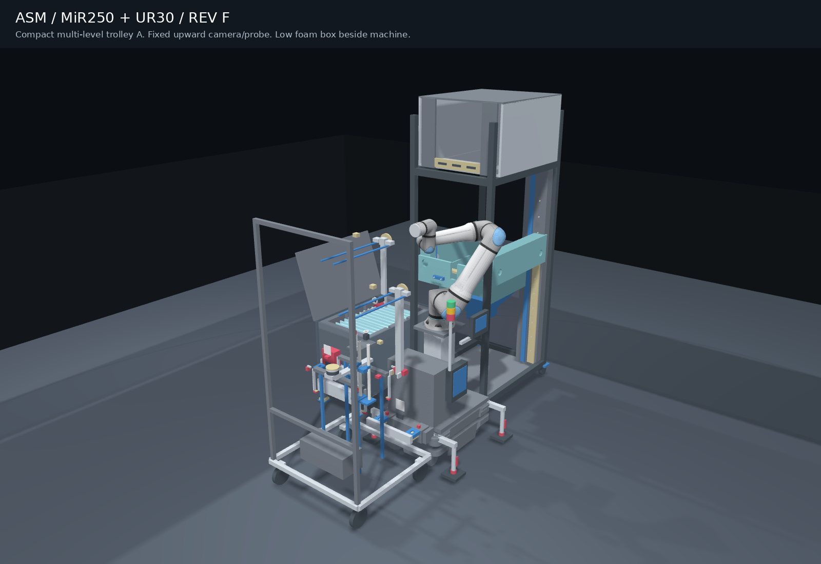 Front layout with container left and robot in front
